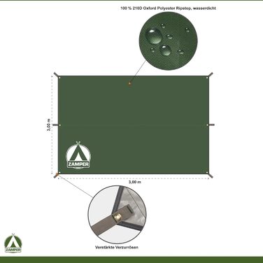 Тент Zamper Zelt-Plane 3x3m: водовідштовхуючий сонцезахисний тент для кемпінгу та відпочинку на природі (зелений)
