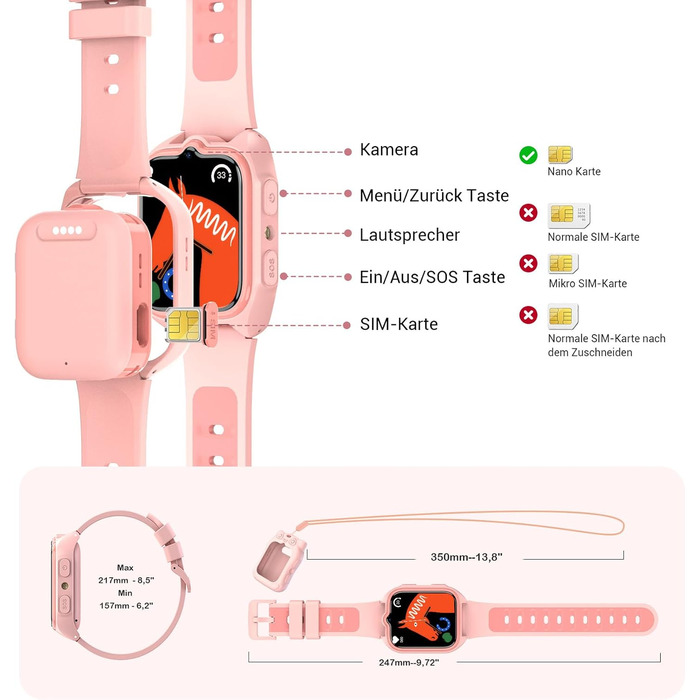 Дитячий смарт-годинник Blackview Kinder 4G: GPS, SIM-карта, відеодзвінки, SOS, дзвінки, чат, SMS, шкільний режим, лічильник кроків – Персиково-рожевий