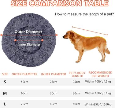 fireowl Donut Dog Bed Large Fluffy: 70cm Soothing Puppy Bed Anti-Anxiety Cat Bed - Plush Pet Bed Round Cozy Washable Gray
