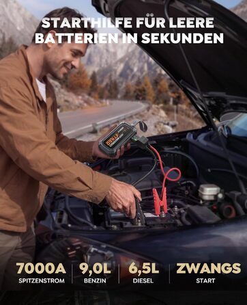 Бустер для автомобіля TREKURE 7000A — Пусковий пристрій (Powerbank) для авто до 9л бензин та 6.5л дизель, з функцією примусового запуску, магнітним кріпленням та 4-в-1 LED робочим світлом