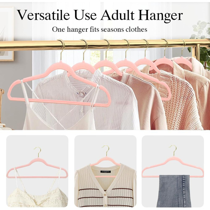 Набір з 22 велюрових плечиків для одягу Stormix, преміум-якість, для дорослих, антиковзаючі, ультратонкі, для сорочок та костюмів, рожеві гачки