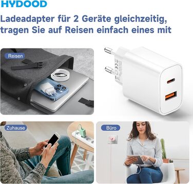 Зарядний пристрій 2 в 1 USB-C 20W, 2 порти (USB-C/USB-A) для iPhone 17 Pro Max/16/15/14/13/12, Galaxy, iPad - кабель Type-C 2м, блакитний (2 шт)