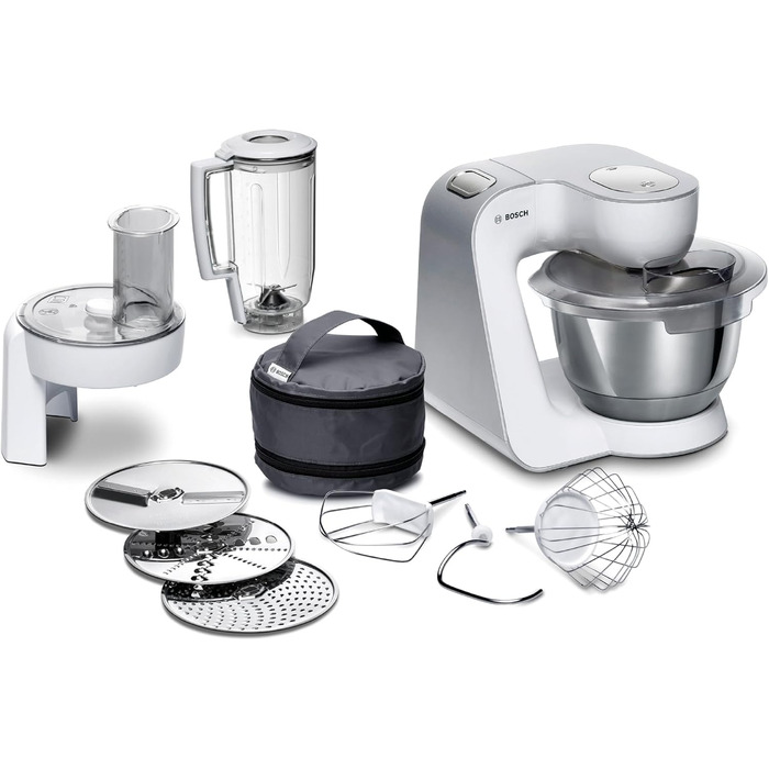 Кухонний комбайн Bosch Serie 4 MUM58W20, 1000 Вт, 3,9 л, міксер 1,25 л, планетарне змішування, насадки з нержавіючої сталі, білого/сріблястого кольору