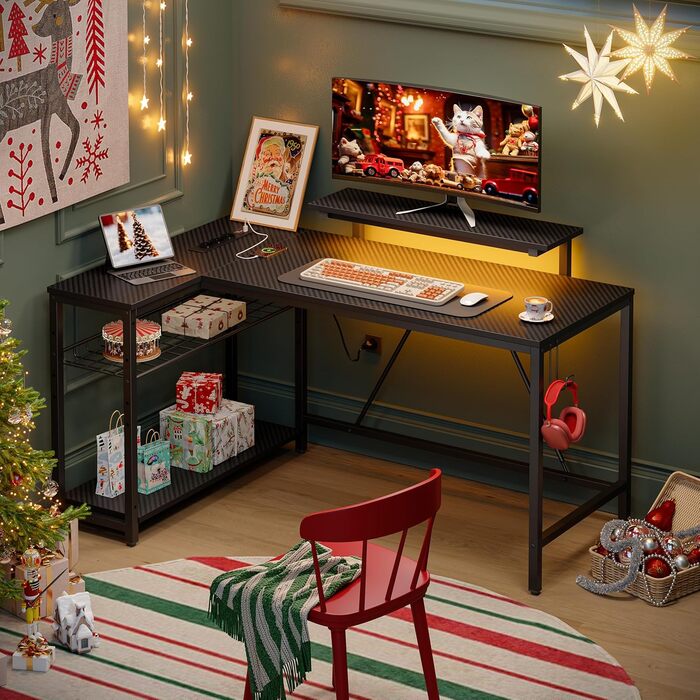 Кутовий стіл Bestier 132x80 см з розетками та LED-підсвічуванням, з полицями, для ПК, з гачками, чорний, з імітацією карбону