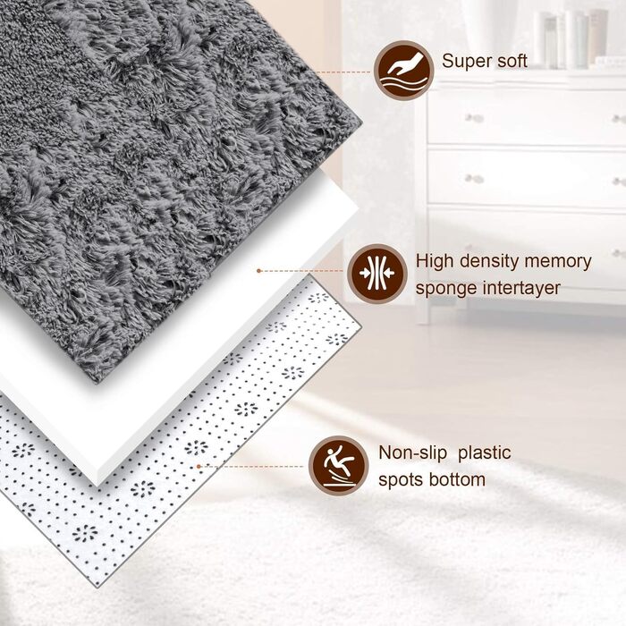 Пухнастий килим Hochflor, для вітальні, м'який, з антиковзаючою основою, можна прати, 120x160 см, сірий