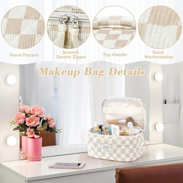 Набір косметичок 3 шт. з квітковим принтом, для подорожей та повсякденного використання | Косметичка для макіяжу для жінок та дівчат. Хакі в клітинку