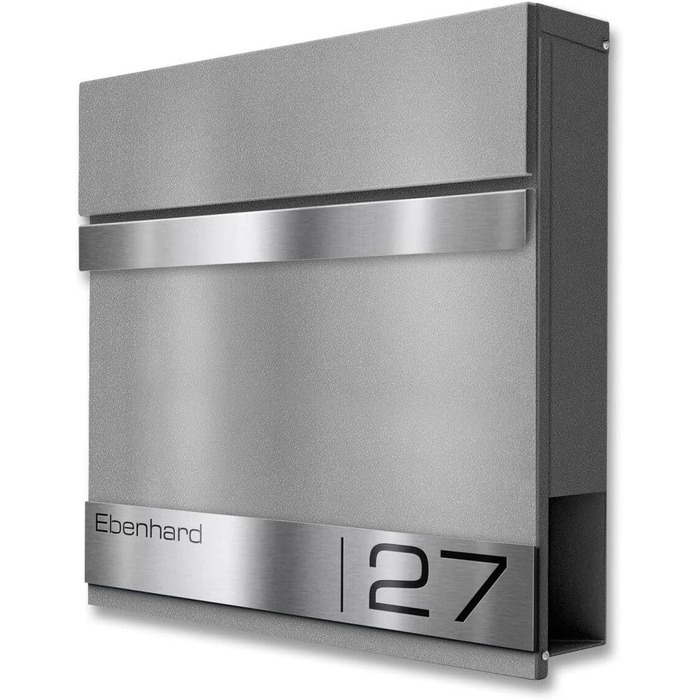 Поштова скринька Metzler Premium з газетницею Anthrazit, персоналізована з табличкою для імені, високоякісна настінна з нержавіючої сталі V2A з порошковим покриттям RAL 7016, модель Stencil (сірий алюміній)