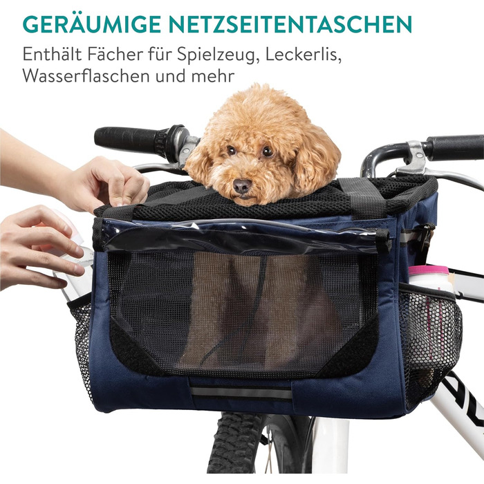 Корзина для собак Navaris на велосипед, передна, для собак до 10 кг, з додатковими кишенями, синього кольору