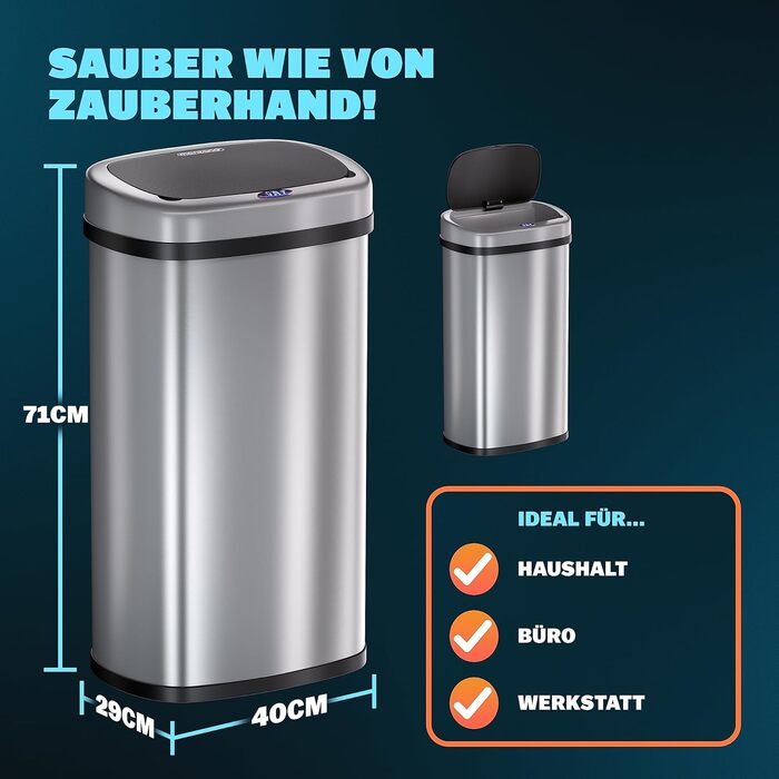 Monzana Sensor Trash Can - 58L Automatic Kitchen Waste Bin with Motion Sensor, Soft-Close Lid, Waterproof, Smart USB Rechargeable - Silver