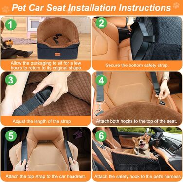 Elevated Dog Car Seat - Washable & Removable for Small & Medium Dogs (Up to 13.6KG) with Storage Pockets & Safety Belt - Black & Brown