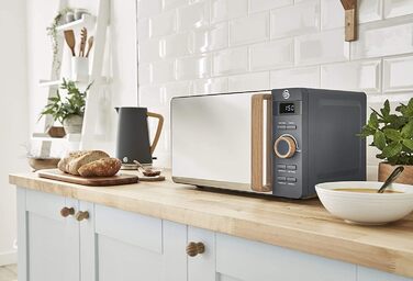 Мікрохвильова піч Swan Nordic 20L, 800W, 6 режимів, таймер 30 хв, функція розморожування, Easy Clean, сірий матовий колір, дерев'яний деко