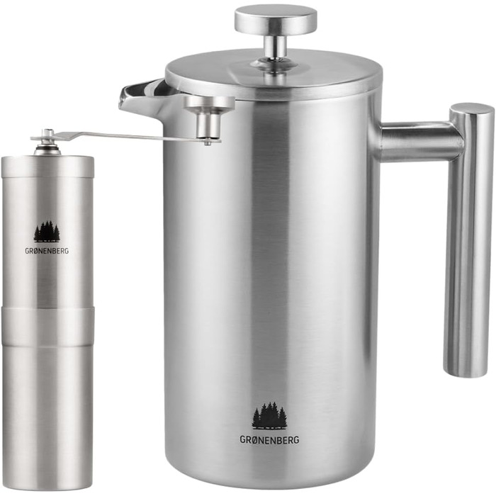 Groenenberg Spar Set 5 | French Press Thermo + Manual Coffee Grinder | French Press + Hand Coffee Grinder made of high-quality stainless steel 1 Liter French Press