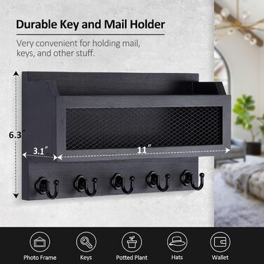 Brief and key holder for wall decoration, 27.9 cm (11 inches) wooden wall key organizer with 5 key hooks, wall mount, storage shelf for entryway, hallway (white) (black)