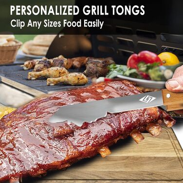 STEVEN-BULL Grill Utensil Set 3-Piece. Extra Long Grilling Tools, Stainless Steel Wood Handle, Grilling Accessories with Grill Tongs, Grill Spatula, Meat Fork. Extra-Long Wooden Handles and Hanging Holes.