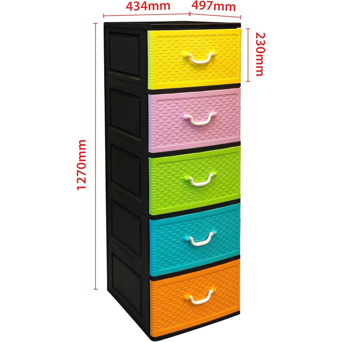 Chest of drawers 44x50x127 cm with 5 large XXL drawers, 40 liters per drawer, with fronts in beautiful candy colors and a modern look. Made from recyclable PP plastic (Black / Candy, Weave) for the environment.