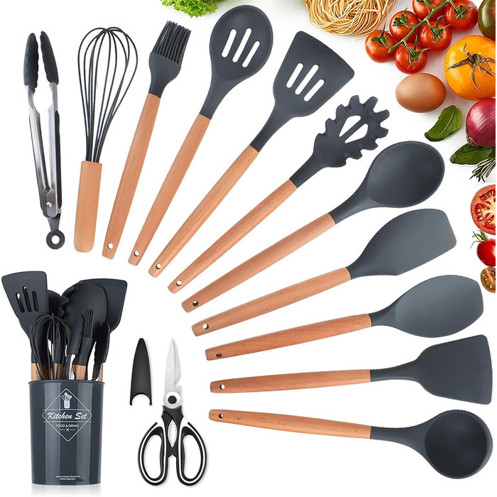 Набір кухонних аксесуарів KagoLing: 13 предметів з силікону з дерев'яними ручками (сірий)