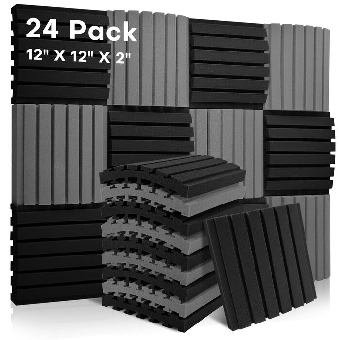 Акустичні пінопластові панелі для звукоізоляції 30x30x5 см, набір 24 шт. (чорний та сірий) — шумопоглинаючі панелі для студії звукозапису та дому