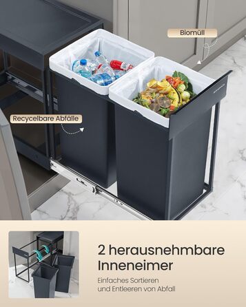 Відро для сміття SONGMICS для кухні з роздільним контейнером, 2 відсіки по 15 л, висувний, сталевий каркас, ABS-кришка (сірий)