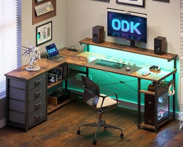 Стіл письмовий ODK L-подібний з шухлядами, 2 розетки та 2 USB, LED, 155x110 см (Vintage-brown)