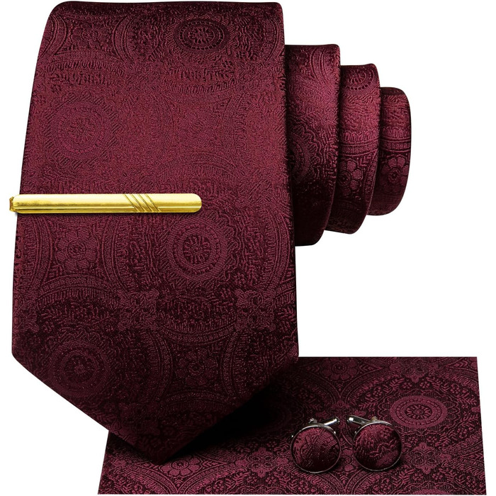 Набір краватки, нагрудного хустинки та краваткових затискачів Hi-Tie, золотий колір, темно-червоний візерунок павлина, для весілля та свят