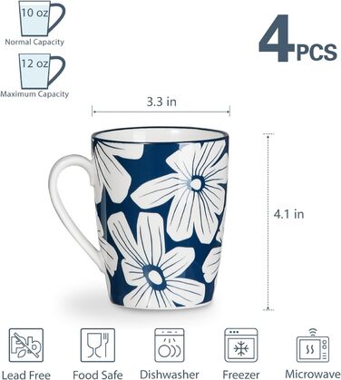 ONEMORE Coffee Mug Set of 4, 355 ml, Porcelain Coffee Cup with Handles, Blue Ceramic Mug for Latte, Cappuccino, Tea, Hot Chocolate, Microwave Safe, Dishwasher Safe, Scratch-Resistant