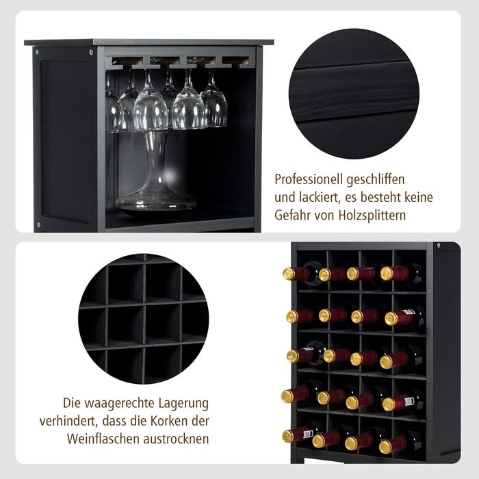 RELAX4LIFE Wine Rack Pine Wood, Wine Cabinet with Wine Glass Holder, Wine Holder for 20 Bottles, Wine Stand for Kitchen, Bottle Shelf for Wine & Drinks, Large Storage 42 x 24.5 x 96 cm (Black)