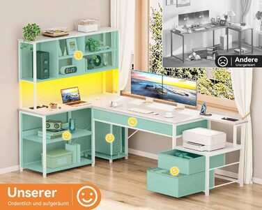 Комп'ютерний стіл Coleshome L-подібний з 5 шухлядами та 4 полицями, 180×100 см, з LED-підсвічуванням, розетками та USB, для дому/офісу, білий