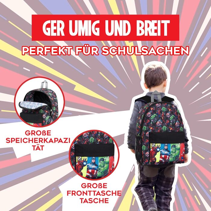 Дитячий рюкзак Marvel Spiderman з героями Marvel: Avengers, Iron Man та іншими. Ідеальний для школи, подарунок. Чорний, 40x30x16 см