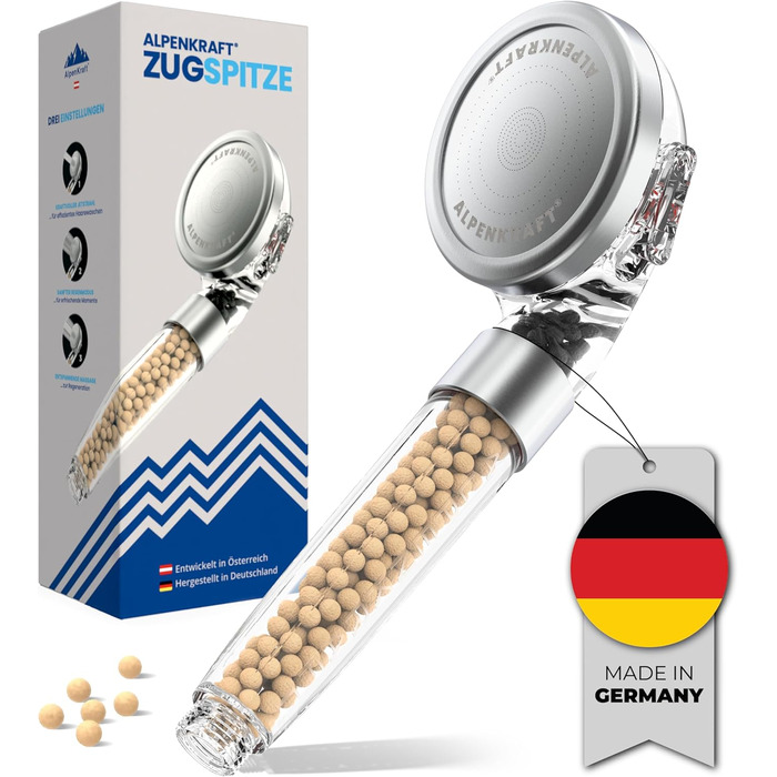 ALPENKRAFT Zugspitze Showerhead Original Made in Germany - Water-saving and pressure-enhancing showerhead - High-pressure showerhead with activated carbon and zeolite filter beads