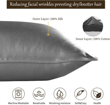Silk 22 Momme Silk Pillowcase Set of 2, 100% Mulberry Silk Pillowcase for Hair and Skin with Envelope Closure, Soft and Smooth Silk Pillowcase, 50 x 66 cm Grey Grey 50x66cm