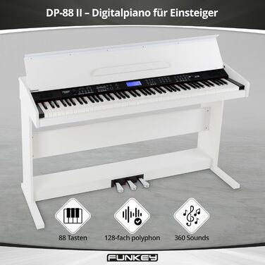 FunKey DP-88 II – цифрове піаніно з 88 клавішами, поліфонія 128, 360 звуків, 160 стилів, MP3-плеєр, функція навчання, запис та відтворення, 3 педалі, білий колір