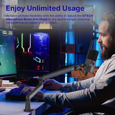 Тримач для мікрофона IXTECH RGB з низьким профілем, регульований кріплення для мікрофона зі стійкою, поворотний мікрофонний стійка з кабельною організацією для подкастів та стрімінгу (6 Viper)