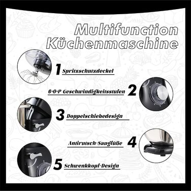 Кухонна машина Küchenmaschine 6.2 л, 1400 Вт, 6 швидкостей, з набором насадок (чорний)