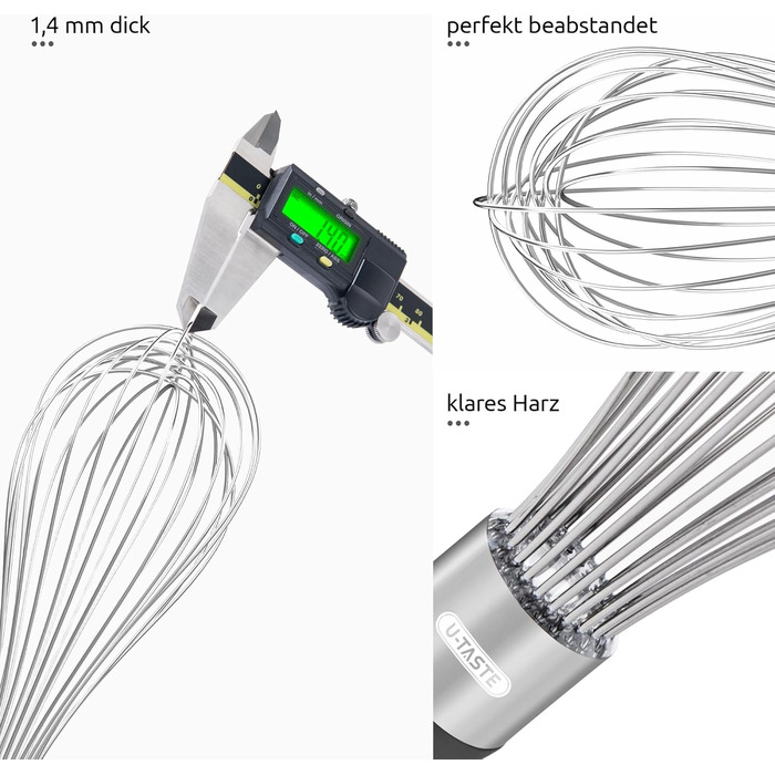 Міксер кухонний U-Taste, 30 см, з нержавіючої сталі 18/10, 12 гнучких дротів, силіконовий ручка, для тіста та соусів (Чорний)