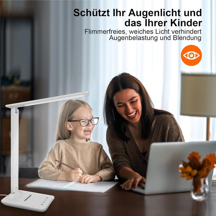 Стійка лампа Jumoking LED з регулюванням яскравості та захистом очей, USB-порт, сенсорне керування, 5 кольорів та 5 рівнів яскравості, для дітей, спальні, читання, офісу (біла)