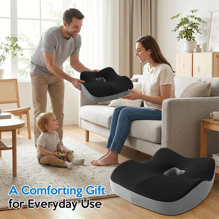 Подушка для офісного крісла з Memory Foam: ортопедична підтримка куприка, зменшення тиску, широка подушка для офісу, авто, інвалідного візка - чорний/сірий