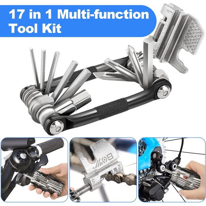Мультитул для велосипеда 17 в 1: набір інструментів для ремонту велосипеда, знімач ланцюга, шестигранники, ключ для спиць. Підходить для шосейних та гірських велосипедів