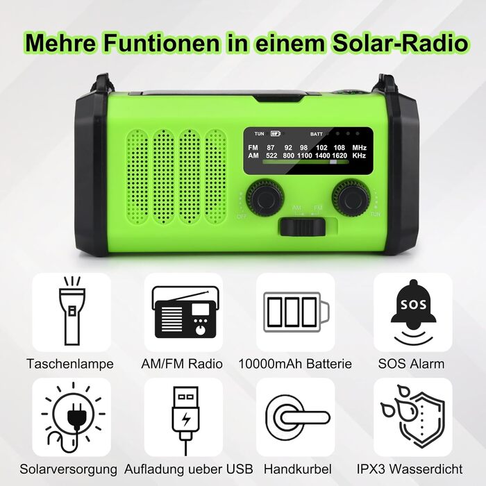 Радіо на сонячній енергії з ручним заводом Solar Radio AM/FM, Powerbank 10000mAh, LED ліхтарик, SOS сигнал, USB-C зарядка для телефону, зелений