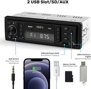 Автомагнітола 1 DIN Avylet Bluetooth 5.0, RDS/FM/AM, 7 кольорів підсвітки, USB, AUX-IN, MP3, підтримка 30 радіостанцій, функція гучного зв'язку
