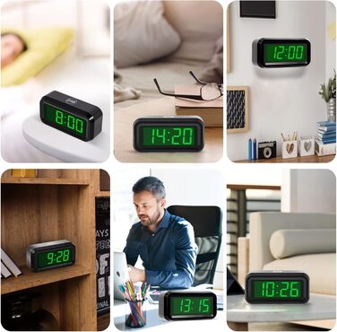 Цифровий годинник-будильник Timegyro з LED-дисплеєм, портативний для подорожей, настільний, з регулюванням яскравості, великий LED-дисплей 1.2' для спальні, вітальні, чорно-зелений