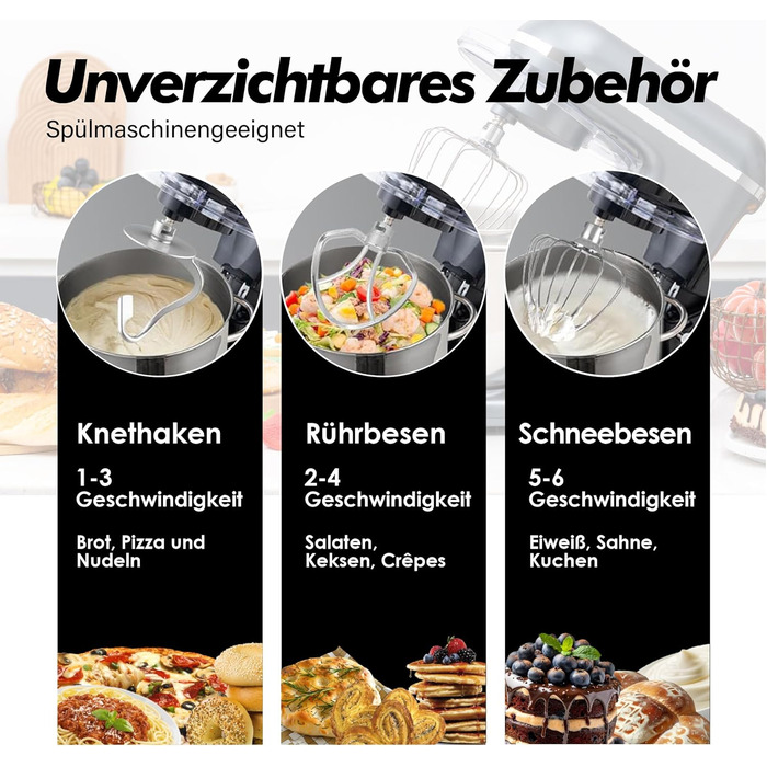 Кухонна машина Küchenmaschine 6.2 л, 1400 Вт, 6 швидкостей, з набором насадок (чорний)