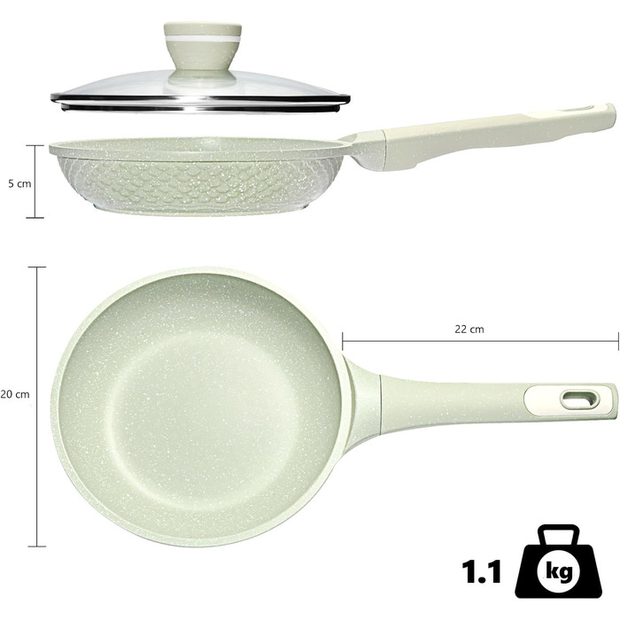 Сковорода антипригарна DYGG 20 см зі скляною кришкою, гранітне покриття, для всіх типів плит (індукція, газ, електро, склокераміка), без PFOA/PFAS