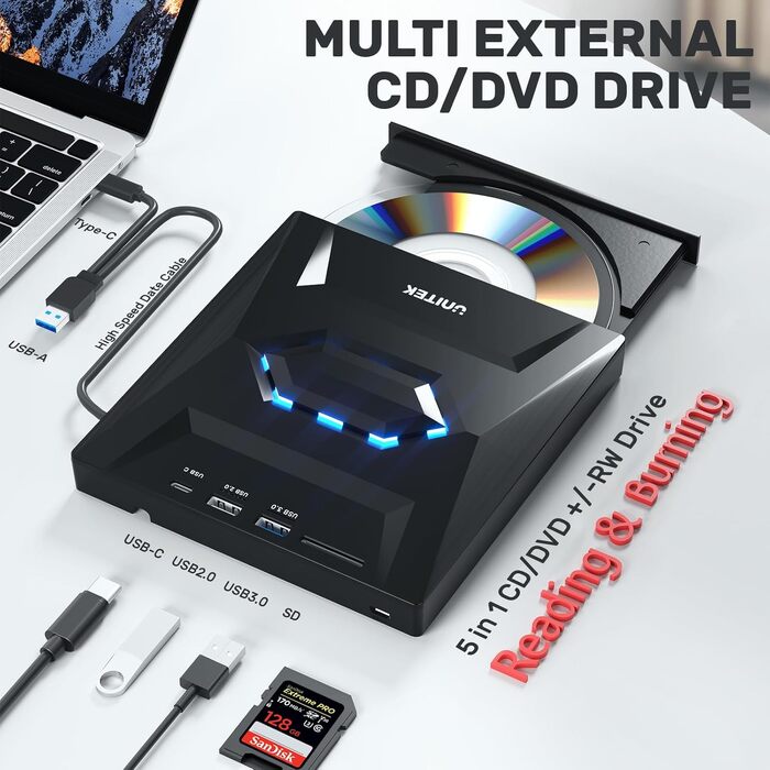 Зовнішній CD/DVD привід UNITEK USB-C/USB 3.0 з картридером SD та USB-хабом, портативний DVD-плеєр та записувач CD-ROM для ноутбука, ПК, Windows, Linux, macOS, чорний