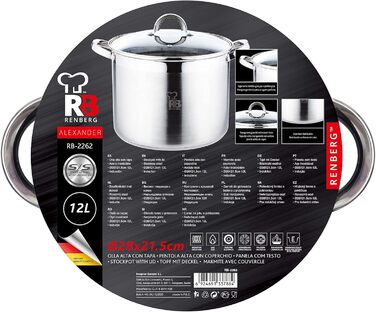 Каструля Renberg Alexander 12 л з нержавіючої сталі 28x21,5 см з кришкою, 5-шаровим дном, мірною шкалою, для всіх типів плит