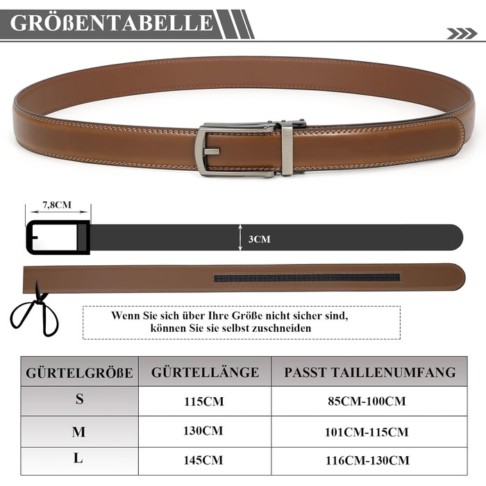 Чоловічий шкіряний ремінь JasGood з автоматичною пряжкою, 33 мм, регульований, для костюма, бізнесу, повсякденного носіння, D-коричневий, 115 см (підходить для обхвату талії 85-100 см)