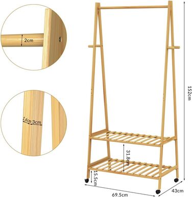 Casaria® Clothes Rack on Wheels Wood Stable Bamboo Clothes Rail Narrow with 4 Hooks 2 Shelves Open Coat Rack 155x70cm Entryway Coat Stand