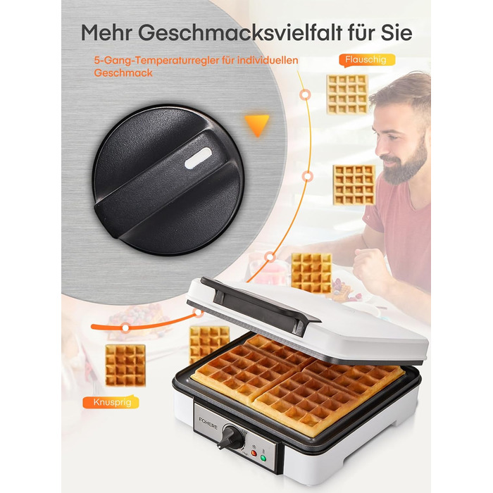 Електричний вафельниця FOHERE 4 вафлі, XXL, антипригарне покриття, Paninigrill, вафельниця для тостів, 1200 Вт