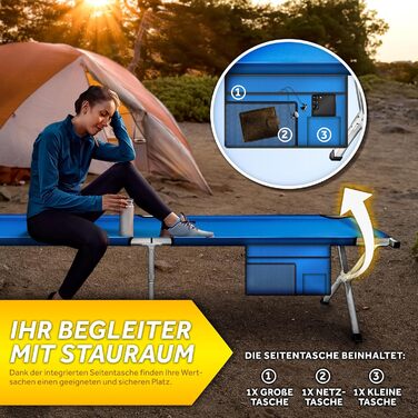Кемпінгове ліжко TRESKO XXL, 190 x 64 x 44 см, металевий каркас, до 150 кг, блакитне