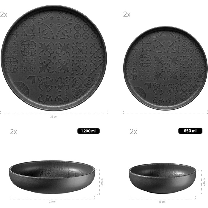 MÄSER Серія Tiles Vintage - посуд для 4 осіб у мавританському стилі, 12 предметів, чорний керамічний сервіз (комбінований)