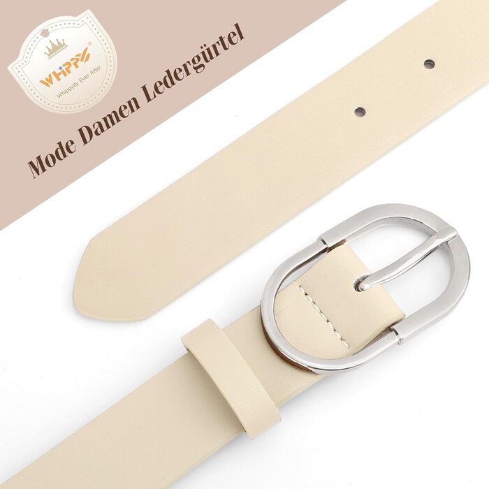 Ремінь шкіряний WHIPPY унісекс, срібна пряжка, бежевий (D-beige), розмір M (76-90 см, довжина 110 см)